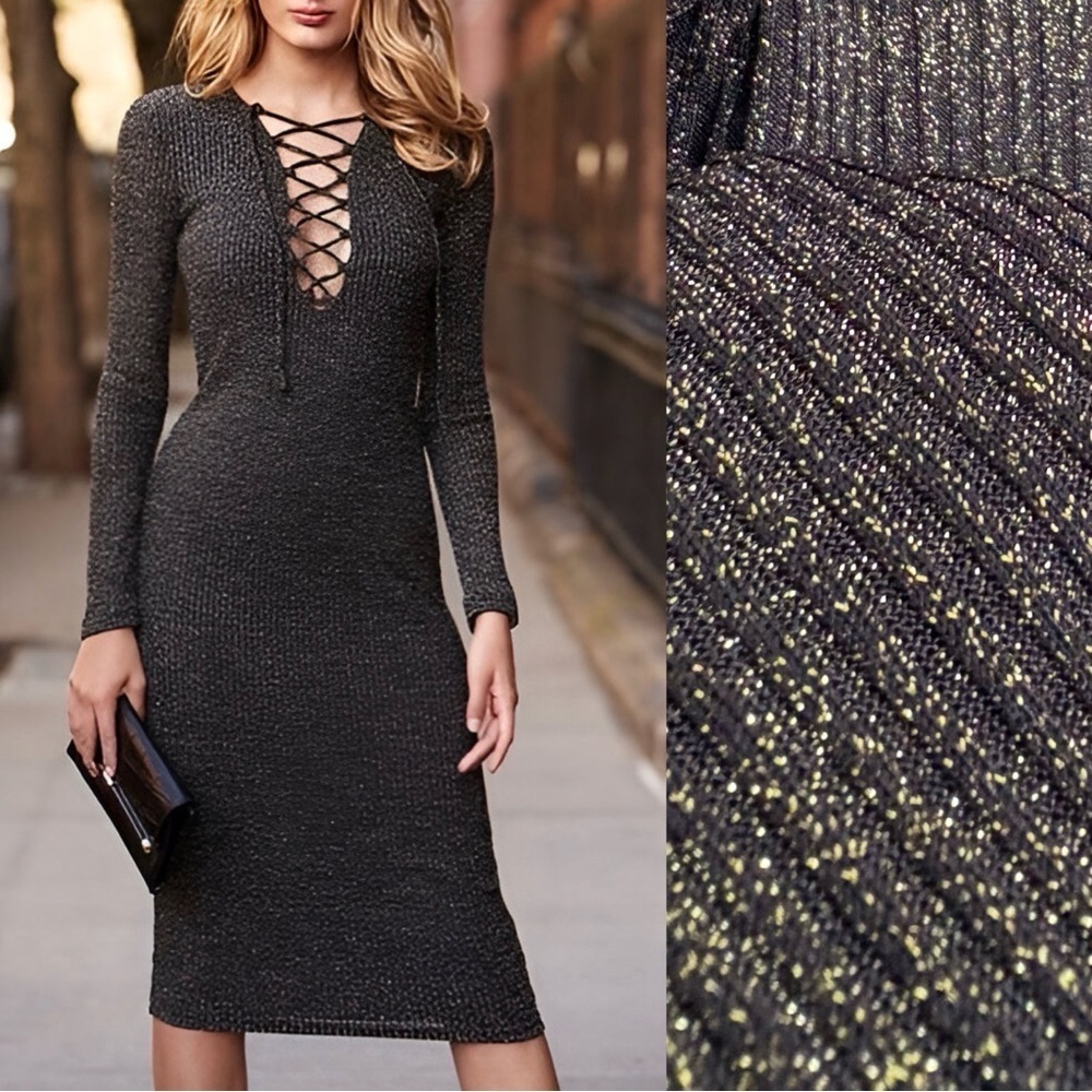 Bardot for Anthropologie | Romeo Lace-Up Midi Dress | Black & Gold | Size 8